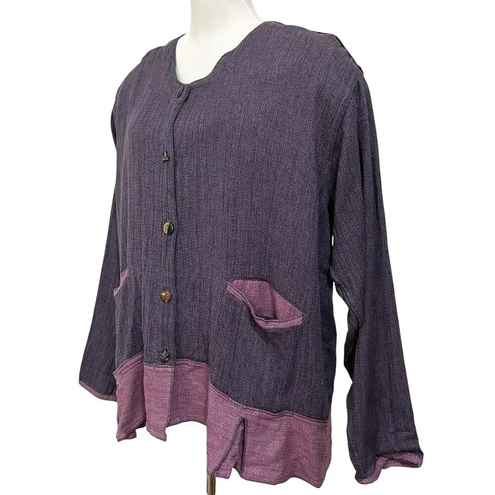 Tribe People United Women’s Button Front Tunic Top Purple Hemp Cotton Boho XL